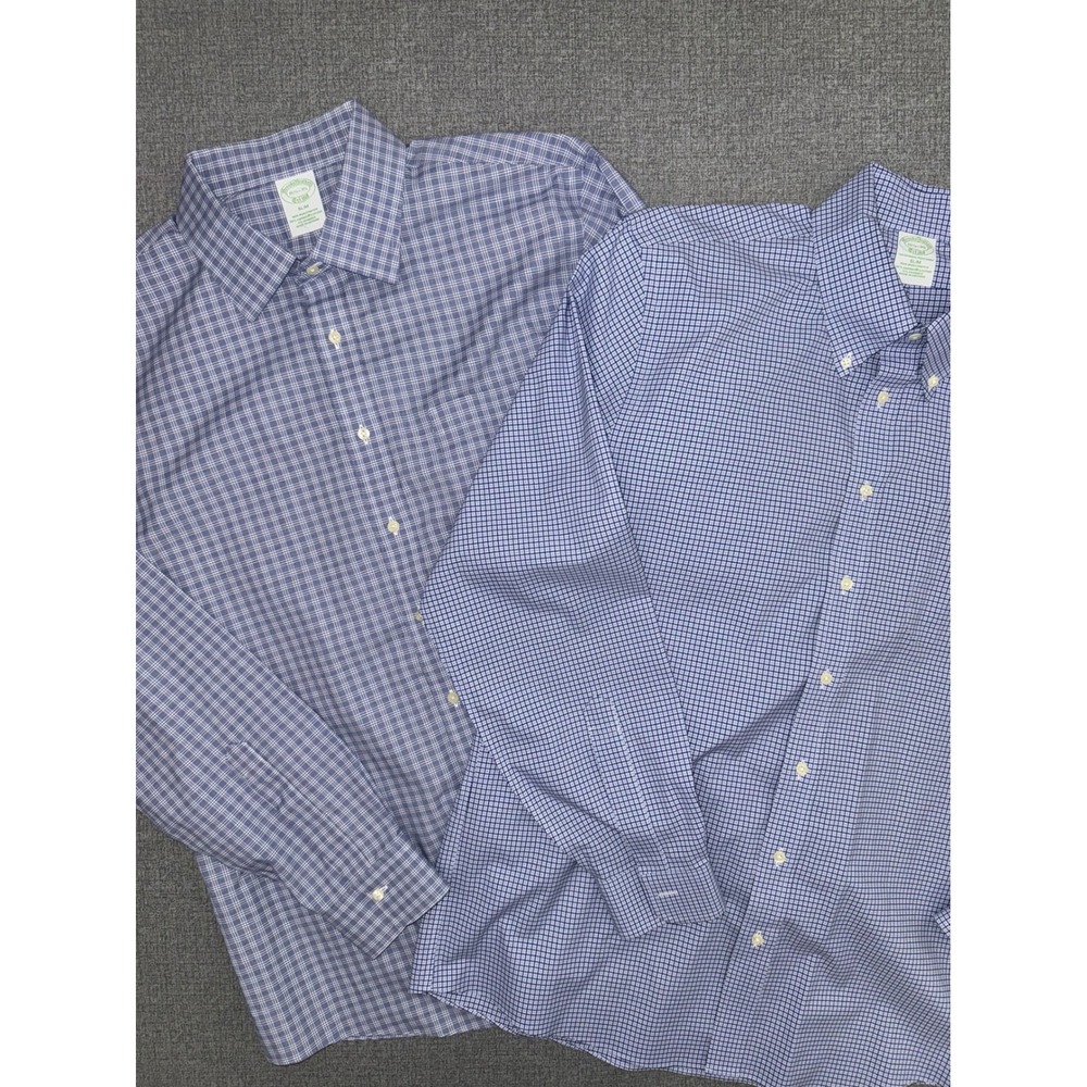 Lot 2 Brooks Brothers 16.5-35 Dress Shirt Blue Navy Plaid Micro Check Slim Fit